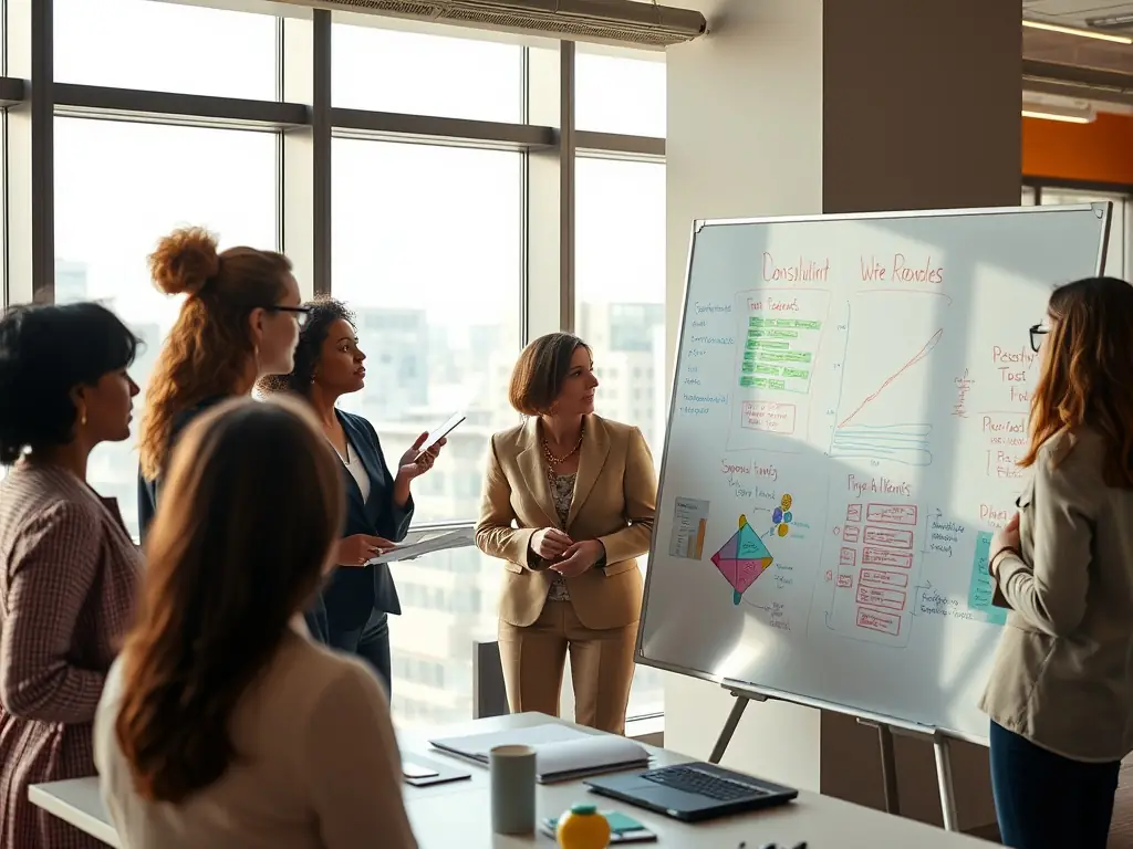 A diverse team of consultants collaborating around a holographic projection of a business model, illustrating strategic planning and innovative problem-solving in a high-tech environment.