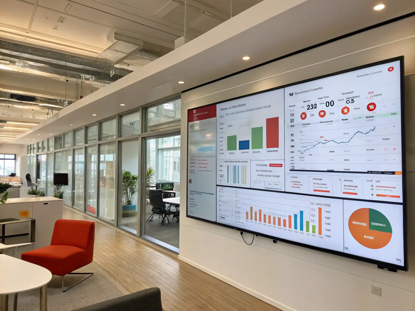 A professional business dashboard displaying key performance indicators (KPIs) with upward trending graphs, symbolizing growth and success, in a modern office setting.