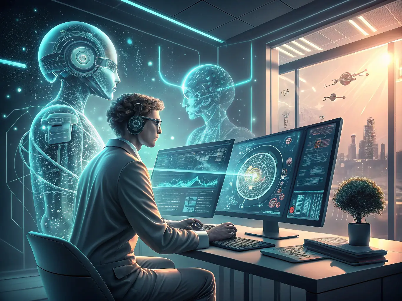 A consultant analyzing data on a holographic display, surrounded by neural network visualizations, representing data analytics consulting.